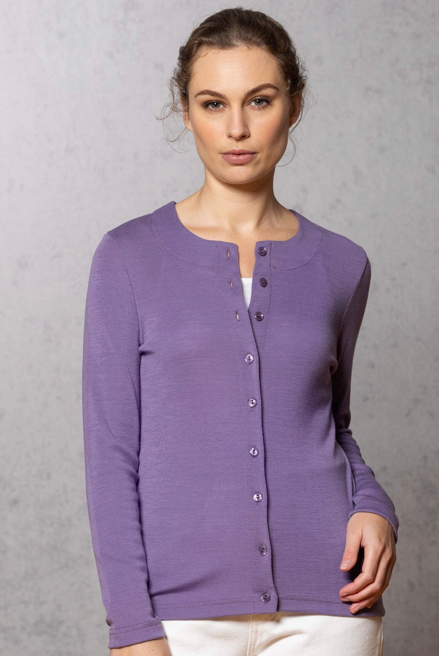 Woman wearing orchid cardigan
