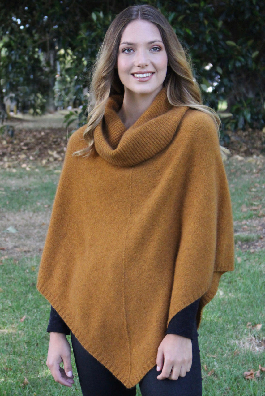 Zinity - Merino & Possum Cowl Neck Poncho - Gold
