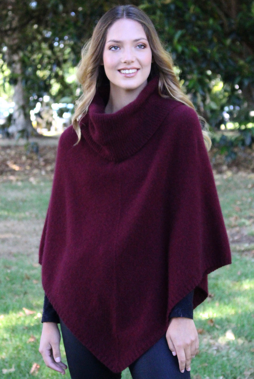 Zinity - Merino & Possum Cowl Neck Poncho - Berry