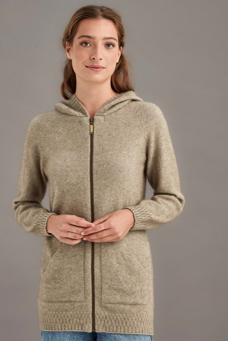 Woman wearing McDonald - Merino & Possum Stepped Stitch Hoodie (5063) in the colour Mocha.