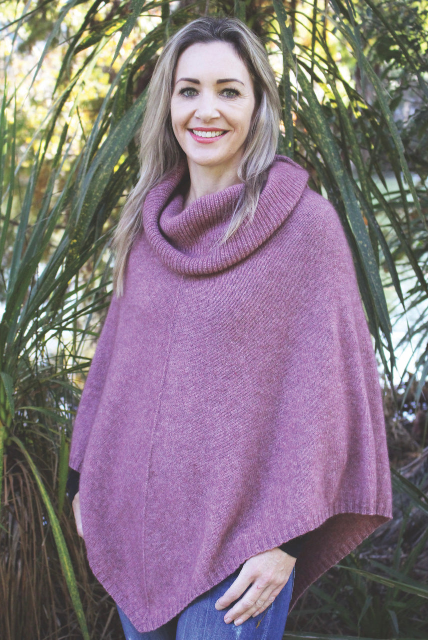 Zinity - Merino & Possum Cowl Neck Poncho - Pink