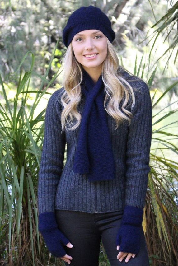 Scarf, beanie, gloves accessory set in colour Midnight