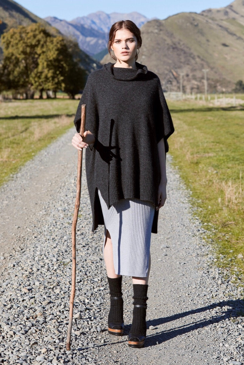 McDonald - Merino & Possum Step Hem Poncho (5030) Charcoal