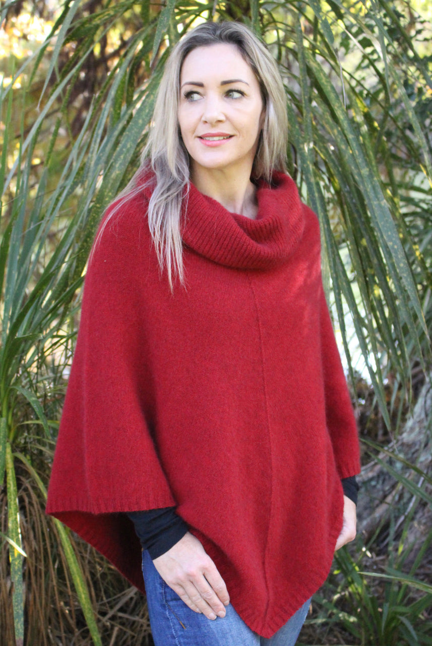 Zinity - Merino & Possum Cowl Neck Poncho - Red