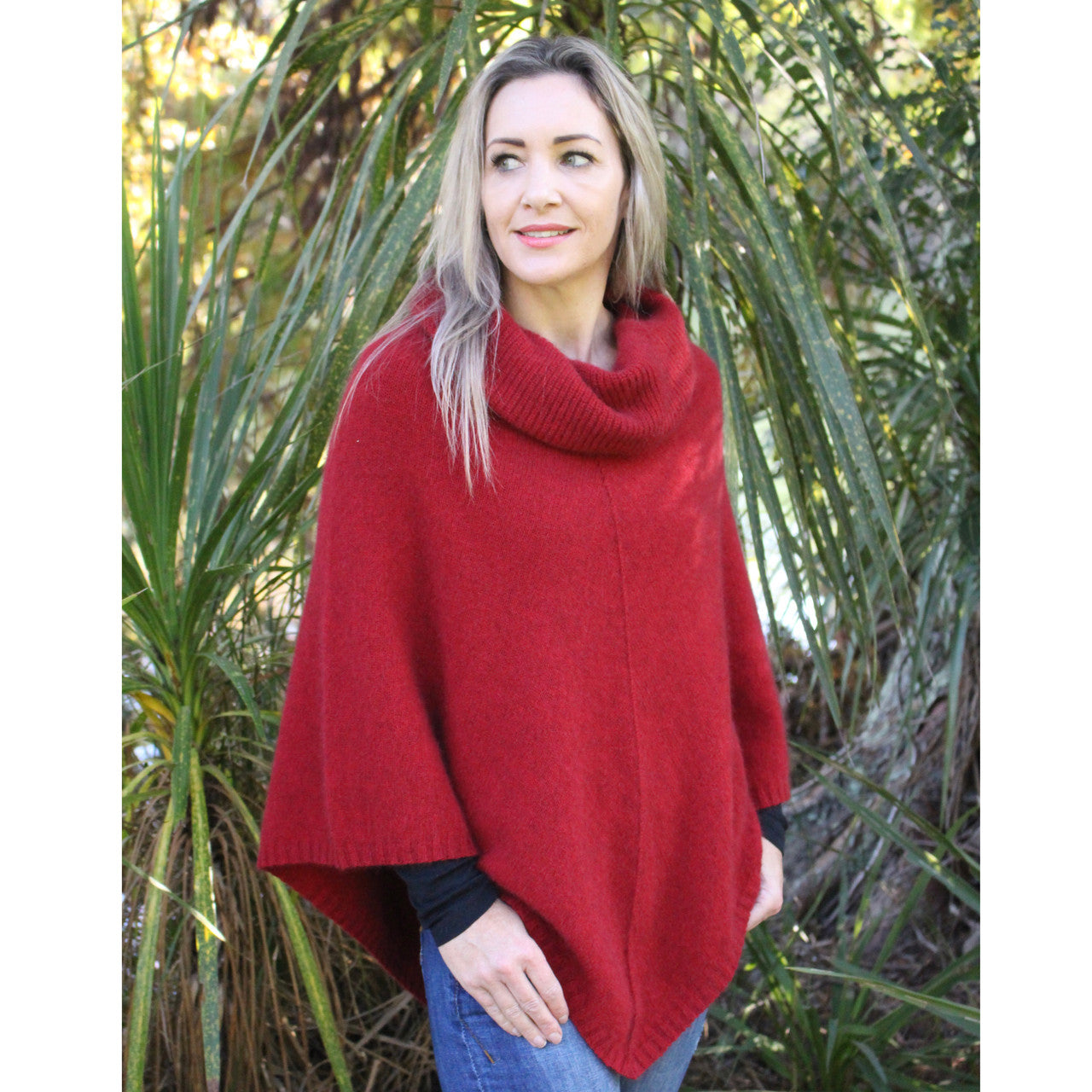 Zinity - Merino & Possum Cowl Neck Poncho - Red