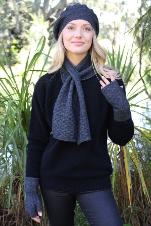 Scarf, beanie, gloves accessory set in colour Charcoal