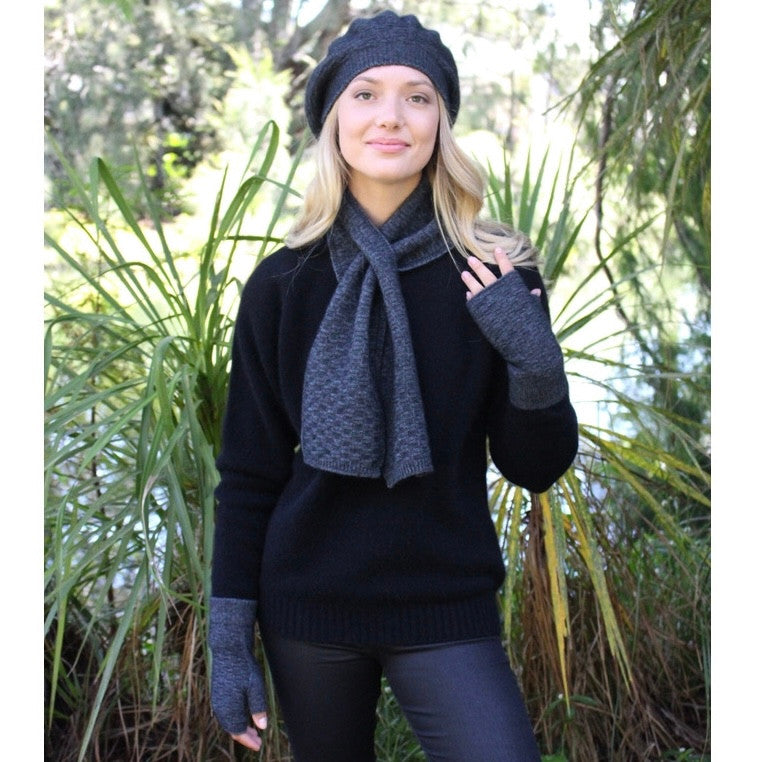 Scarf, beanie, gloves accessory set in colour Charcoal