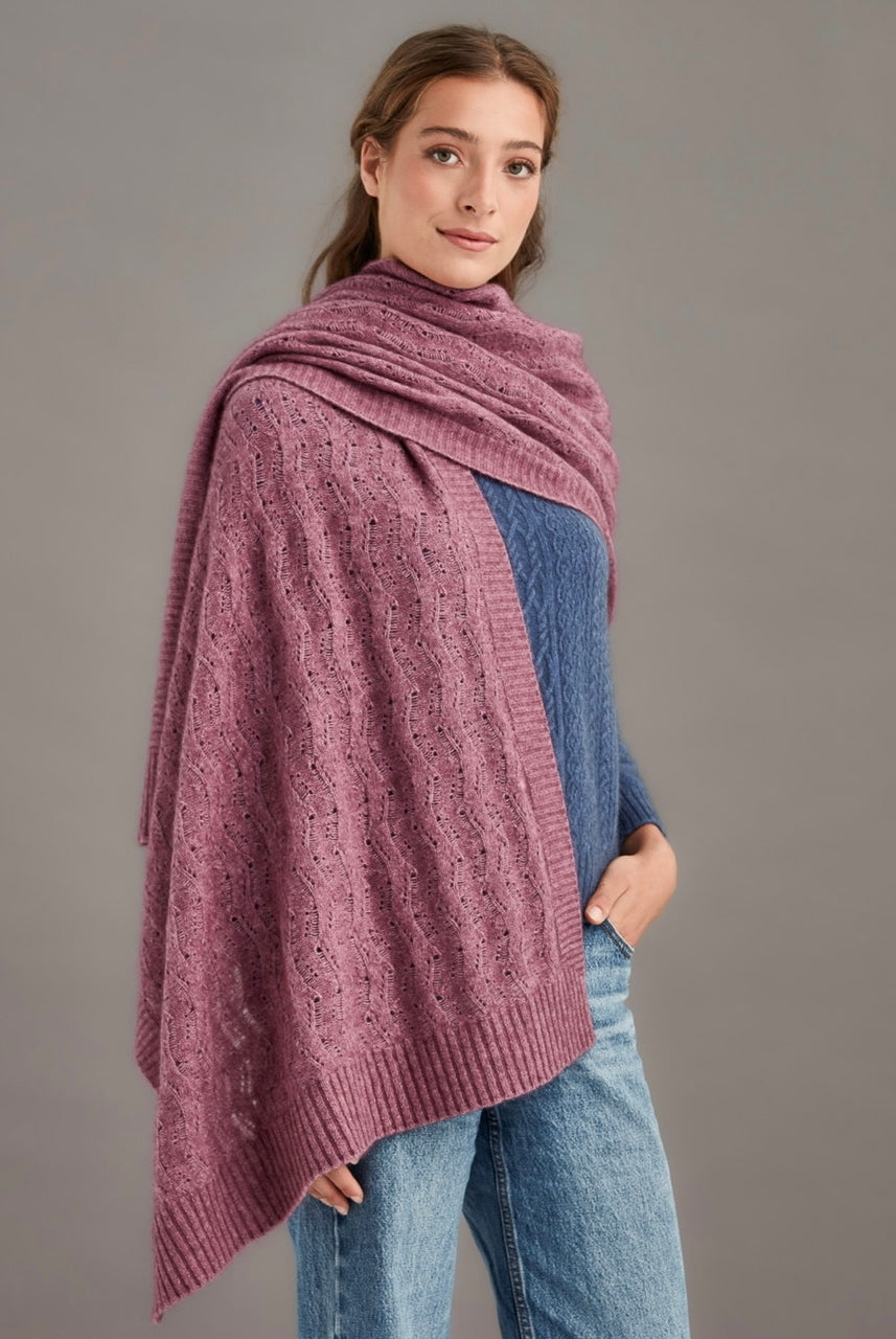 Woman wearing McDonald - Merino & Possum Herringbone Lace Shawl (5060) in the colour Heather.