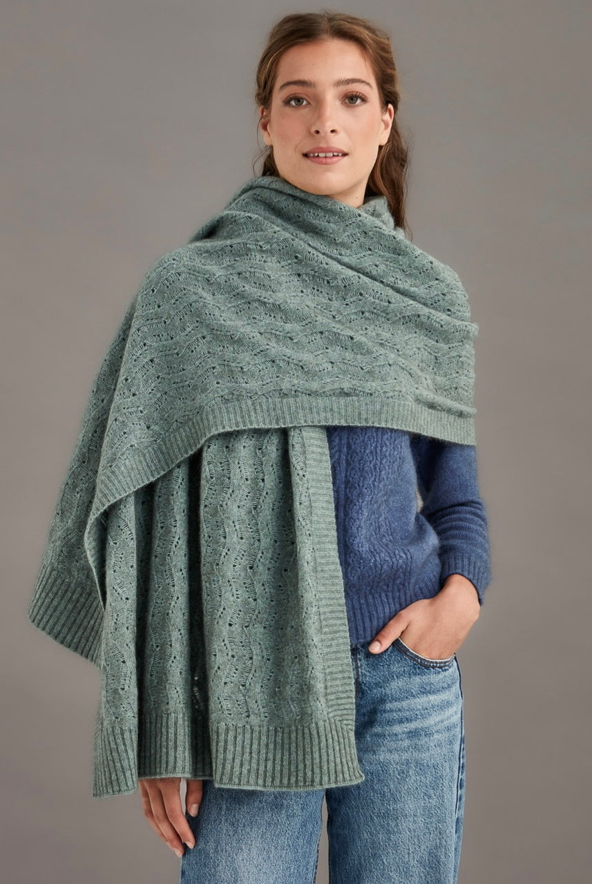 Woman wearing McDonald - Merino & Possum Herringbone Lace Shawl (5060) in the colour Mint.