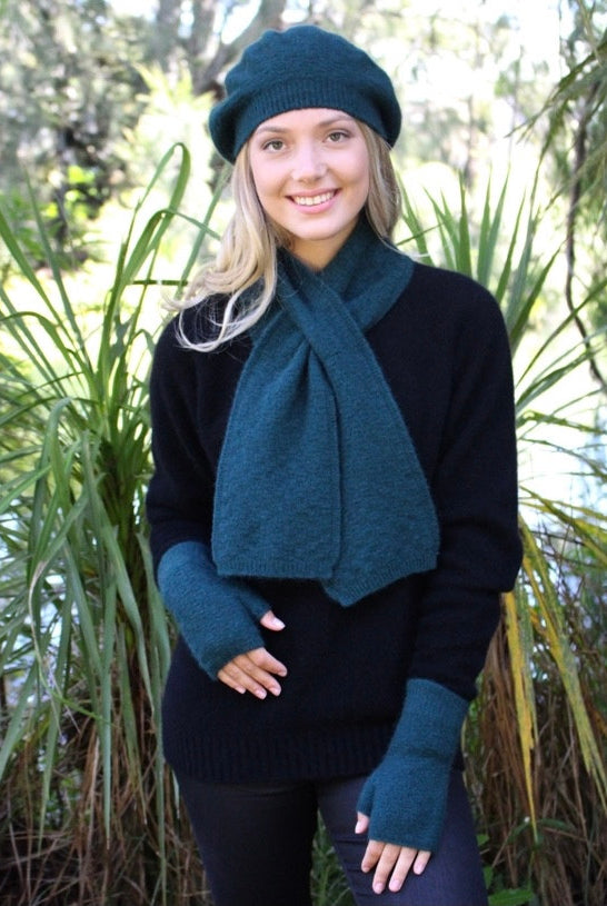 Scarf, beanie, gloves accessory set in colour Tasman