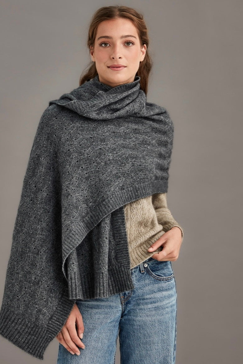 Woman wearing McDonald - Merino & Possum Herringbone Lace Shawl (5060) in the colour Pewter.