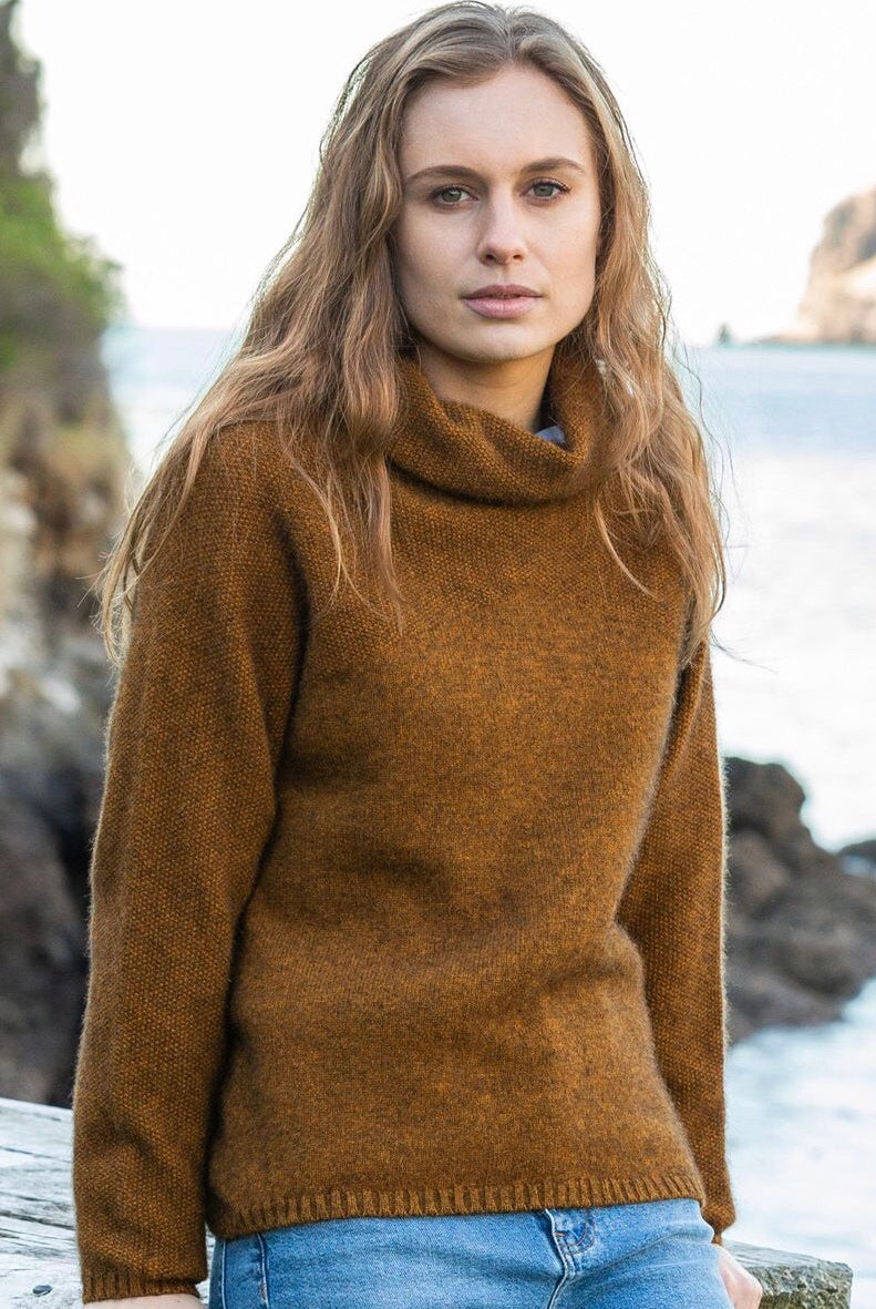 Woman wearing Noble Wilde - Merino & Possum Moss Switch Cowl Jumper (NW3126) in the colour Tahiti.