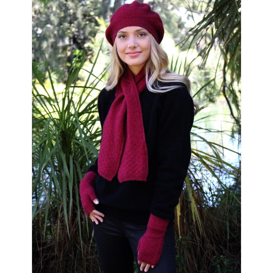 Scarf, beanie, gloves accessory set in colour Raspberry