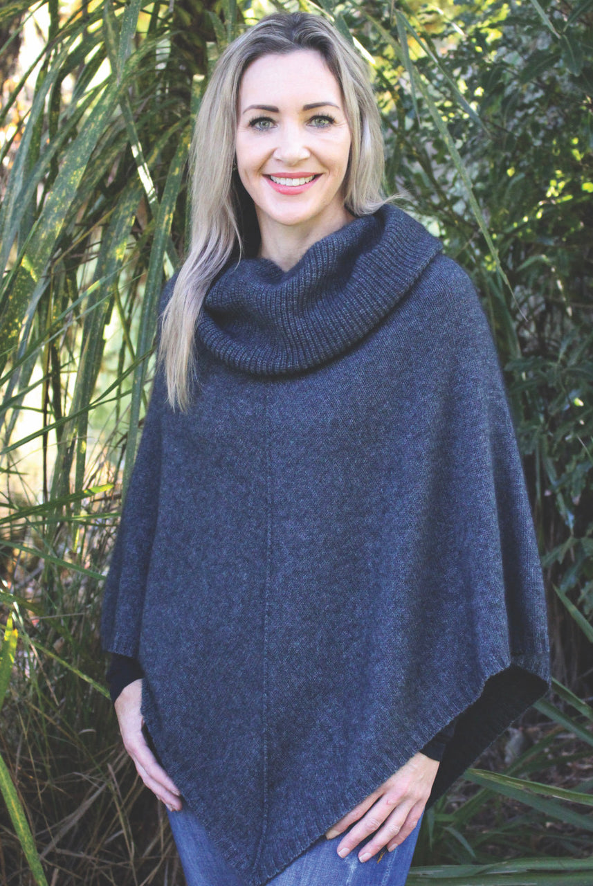 Zinity - Merino & Possum Cowl Neck Poncho - Charcoal