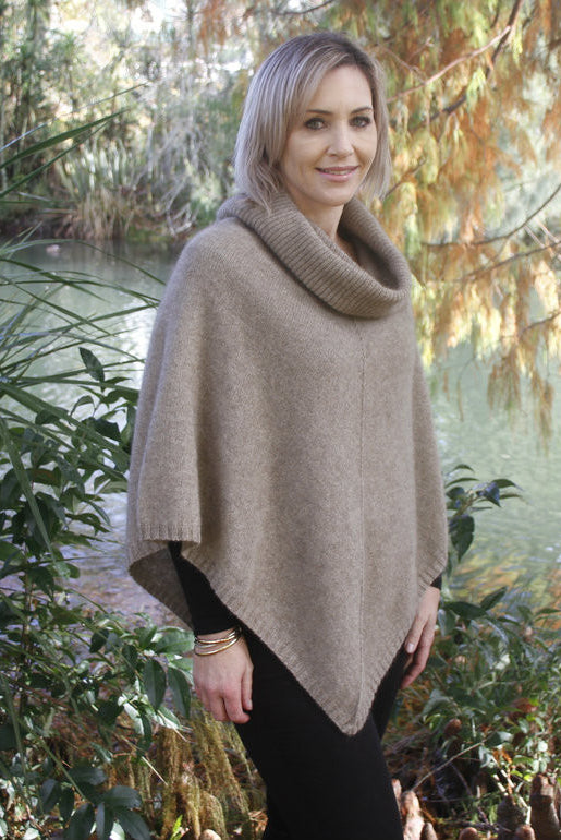 Zinity - Merino & Possum Cowl Neck Poncho - Natural