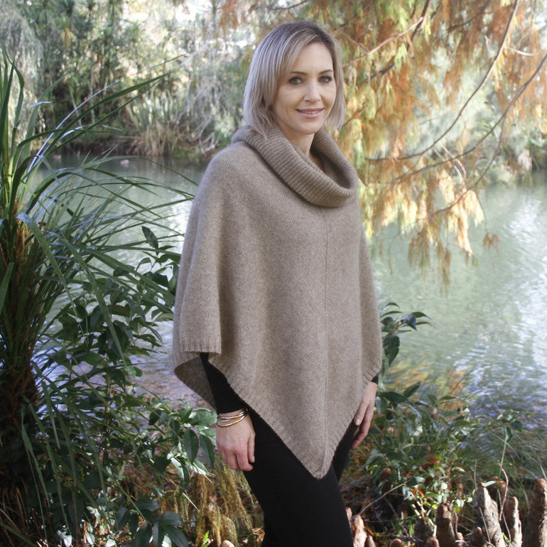 Zinity - Merino & Possum Cowl Neck Poncho - Natural