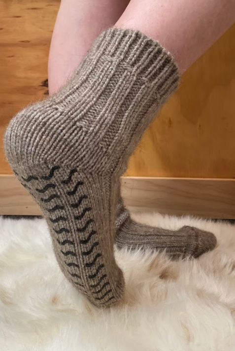 Side view of Merino and Possum wool socks on feet.