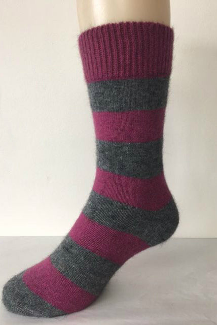 Striped Possum socks side view. Colour Fuschia/Riverstone