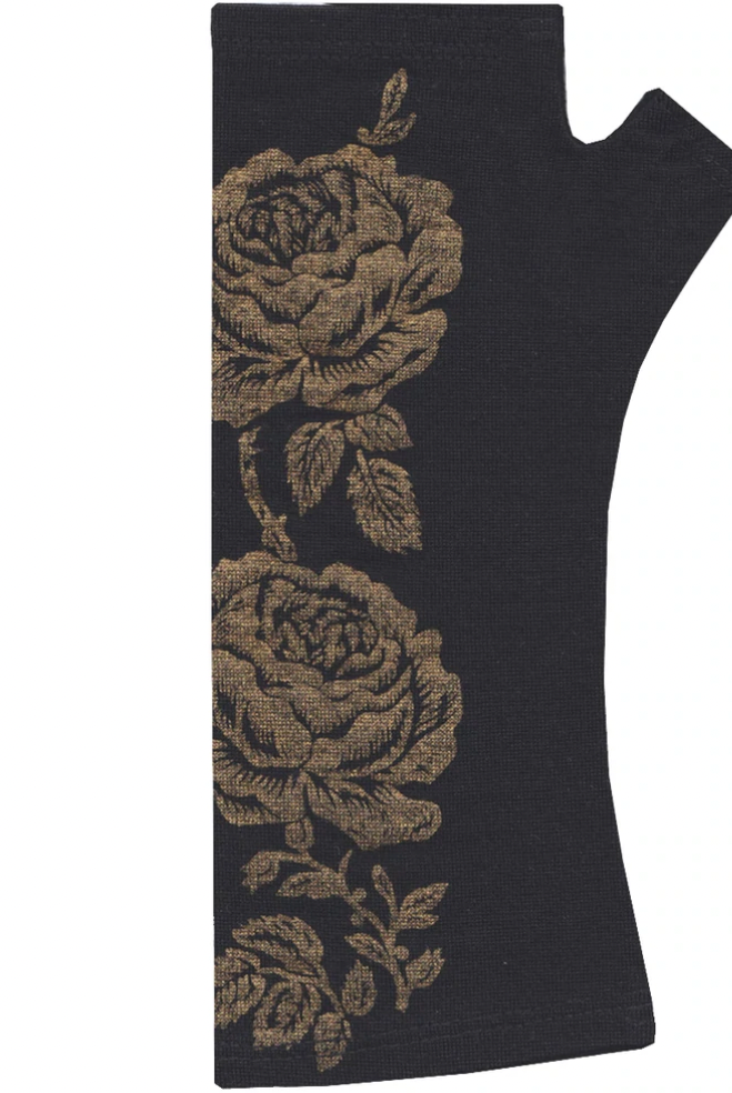 Kate Watts- Printed Merino Glovelets (Black w Gold Vintage Rose Print)