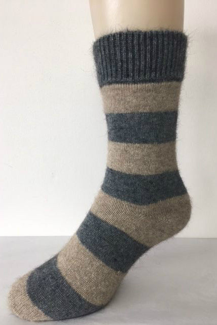 Striped Possum socks, side view. Colour Riverstone/Natural