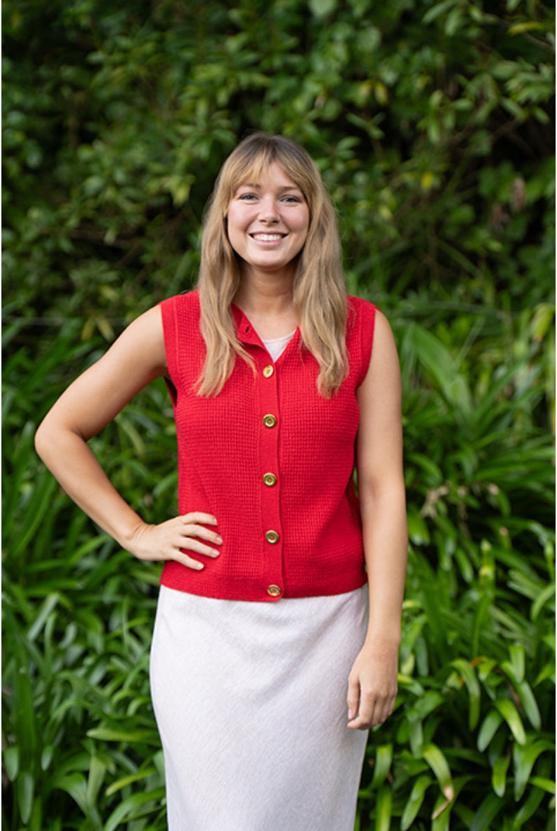 Lothlorian - Cotton & Merino Hepburn Button Vest (CM107)Cherry Red