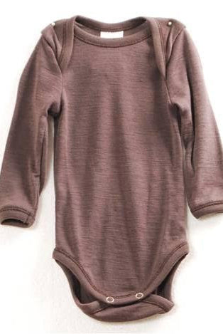Merino wool long sleeved babies’ bodysuit in fudge colour.