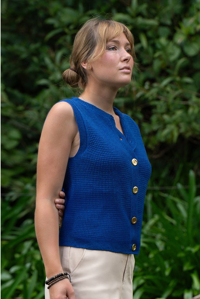 Lothlorian - Cotton & Merino Hepburn Button Vest (CM107)Cobalt