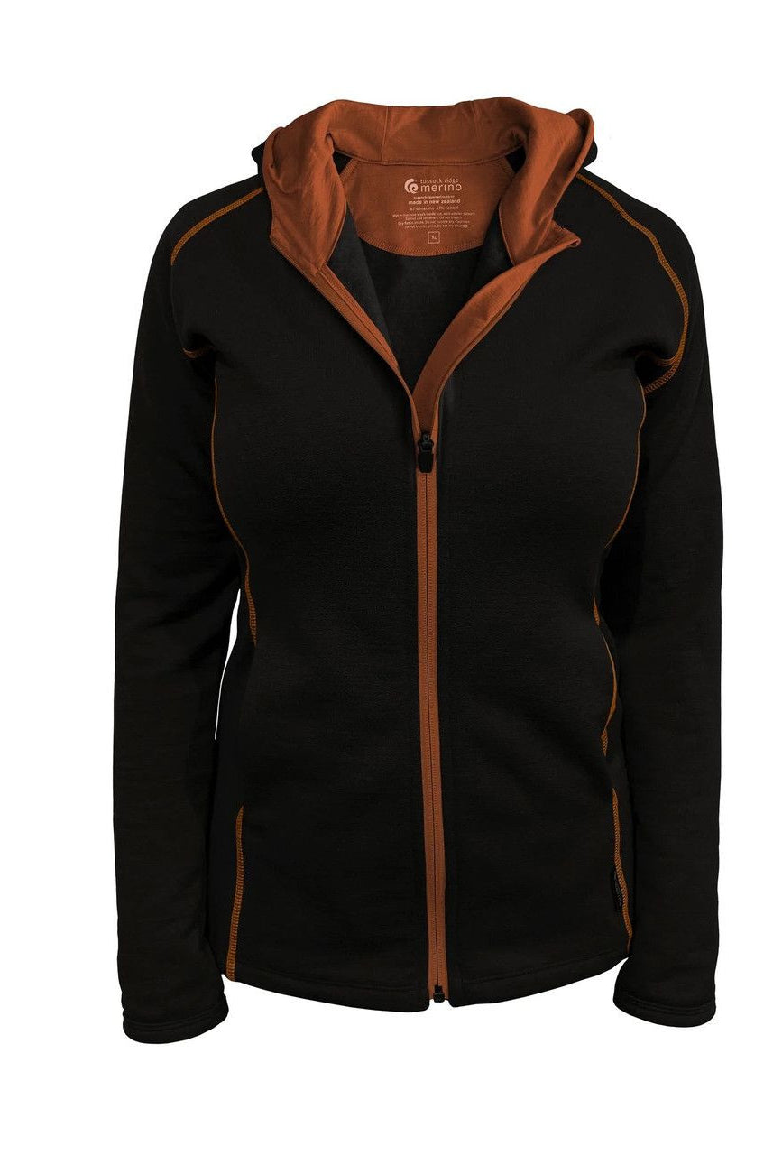 Tussock Ridge - Ladies Merino-Tencel Full Zip Jacket with Hood (MH303)Black/Copper