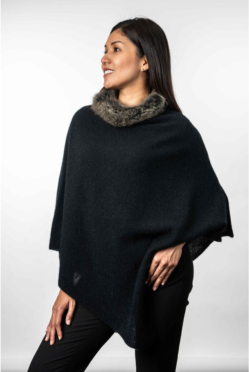 Koru Merino - Possum Fur Trim Zip Poncho (KO523)Black