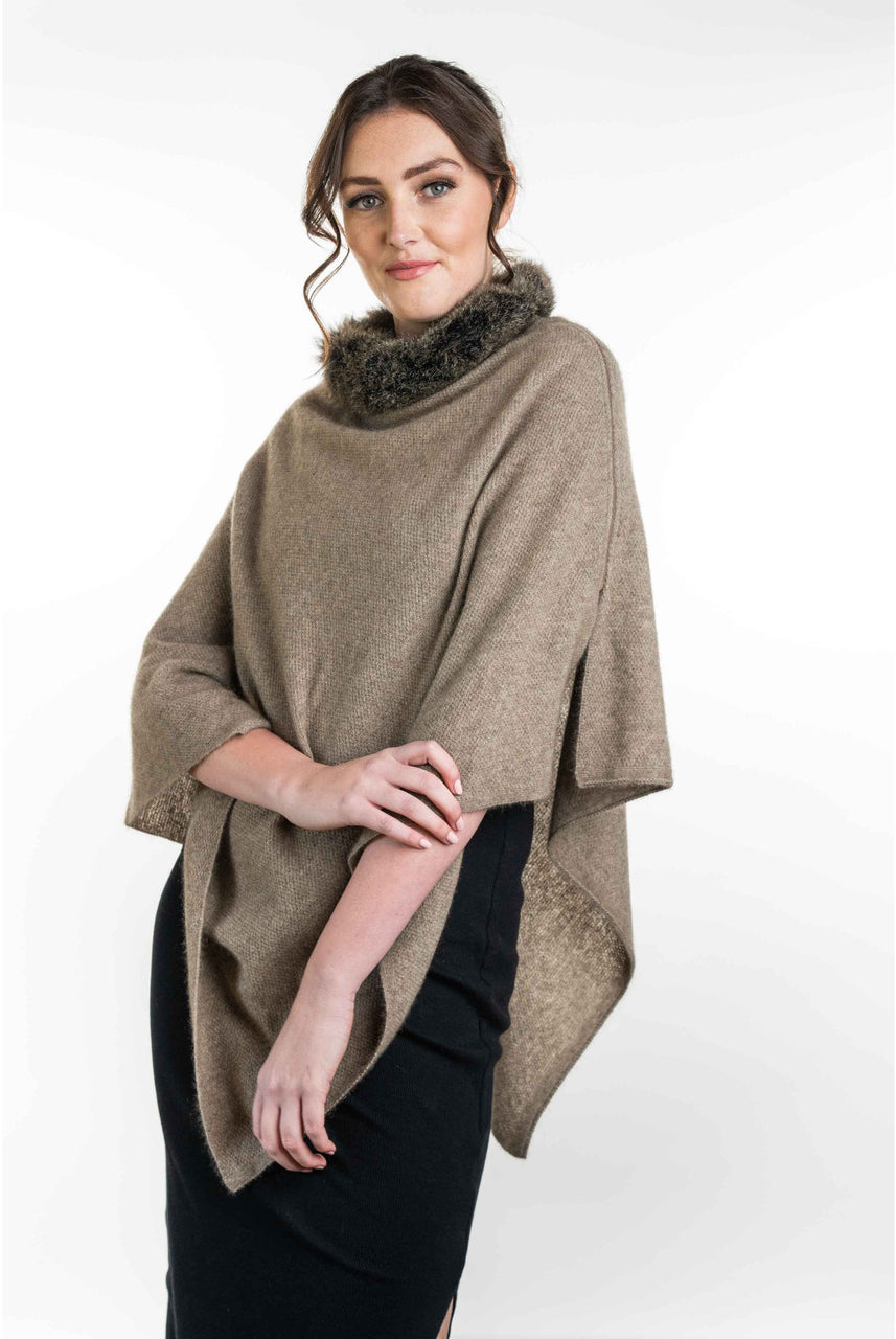 Koru Merino - Possum Fur Trim Zip Poncho (KO523)Mocha