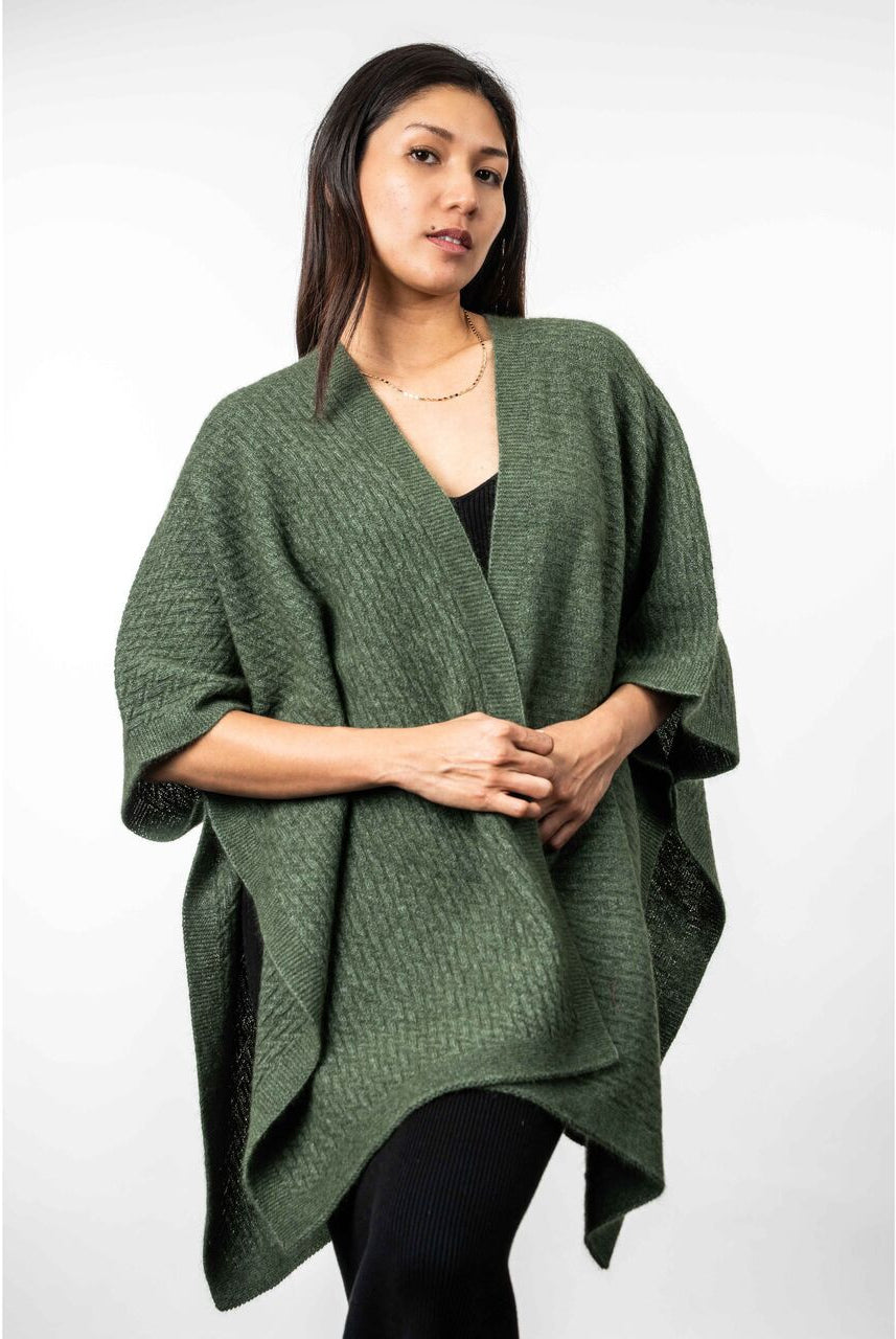 Koru - Merino and Possum Zig Zag Textured Cape (KO553)Moss