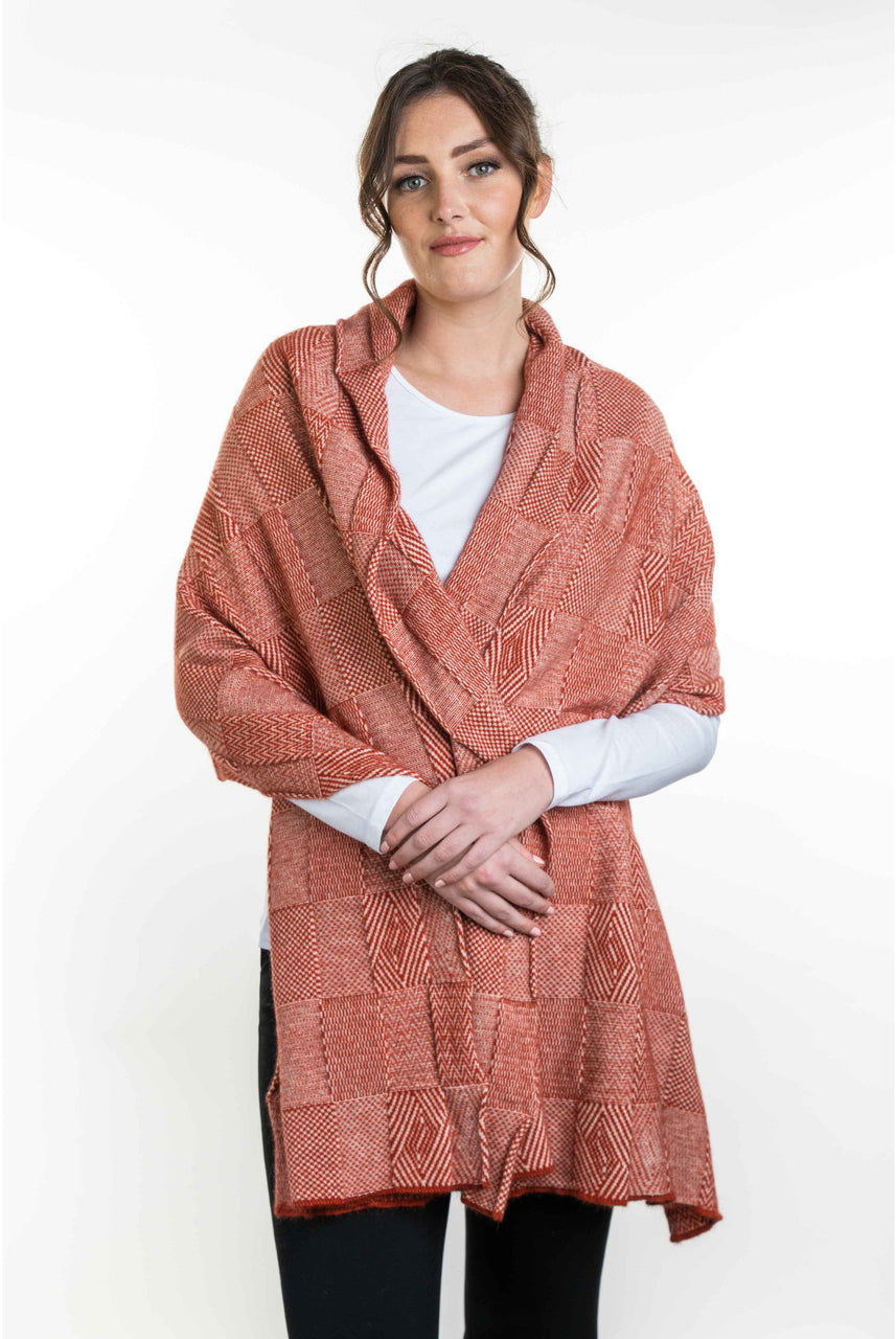 Koru - Merino - Possum Jacquard Wrap (KO554)Nat/Sienna