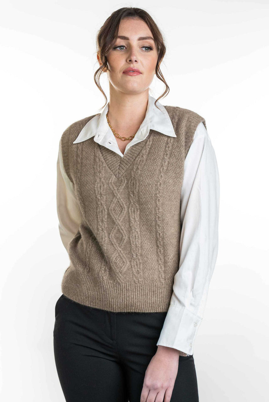 Koru - Merino & Possum Cable Vest (KO563)Mocha