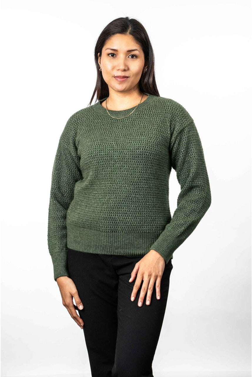 Koru - Merino & Possum Crochet Knit Jumper (KO577)Moss