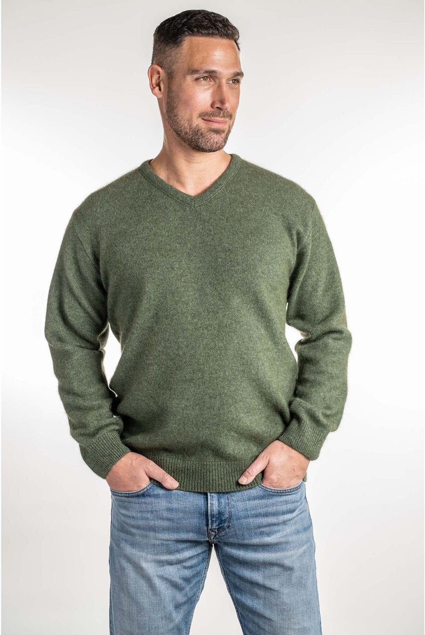 Koru - Men's Merino & Possum V Neck Sweater (KO841)Moss