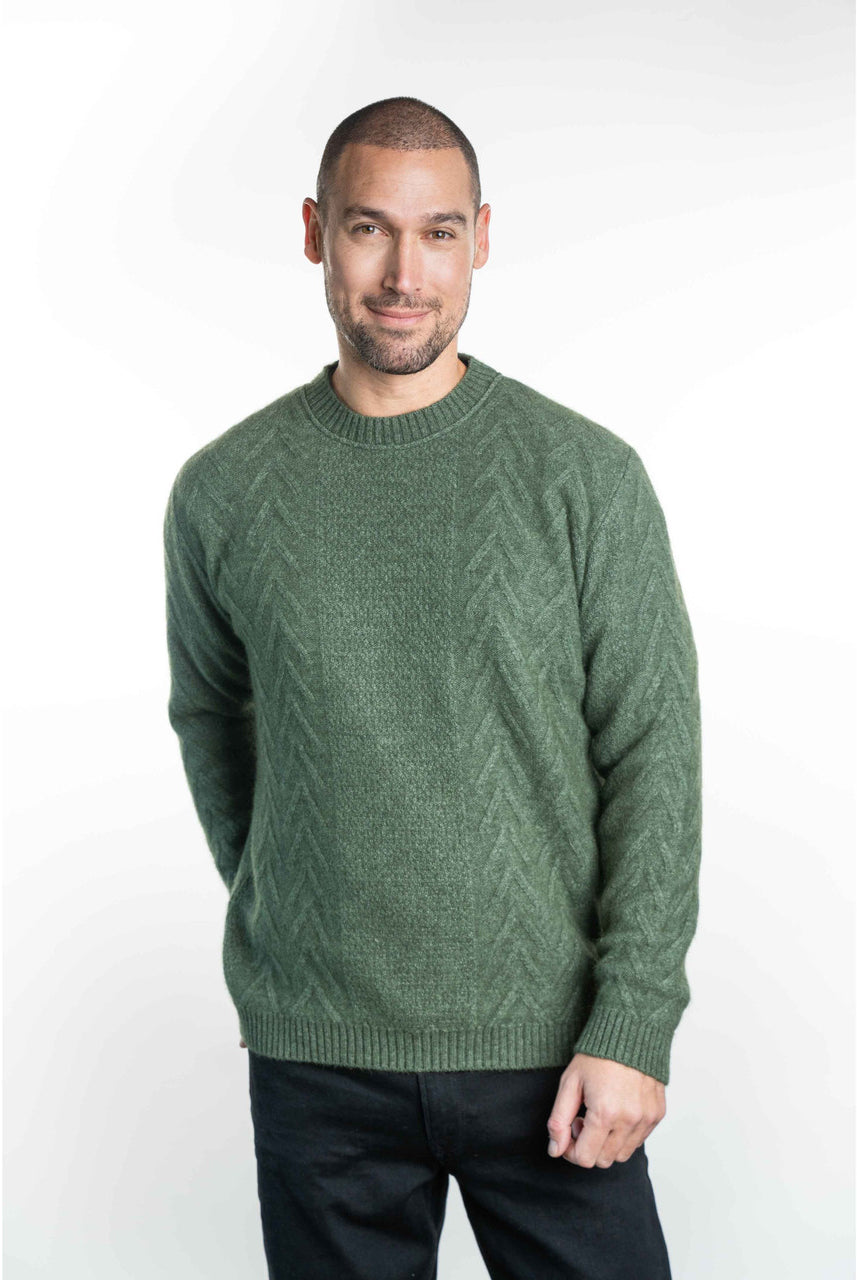 Koru - Men’s Merino - Possum Crew Neck Aran Jumper (KO868)Moss