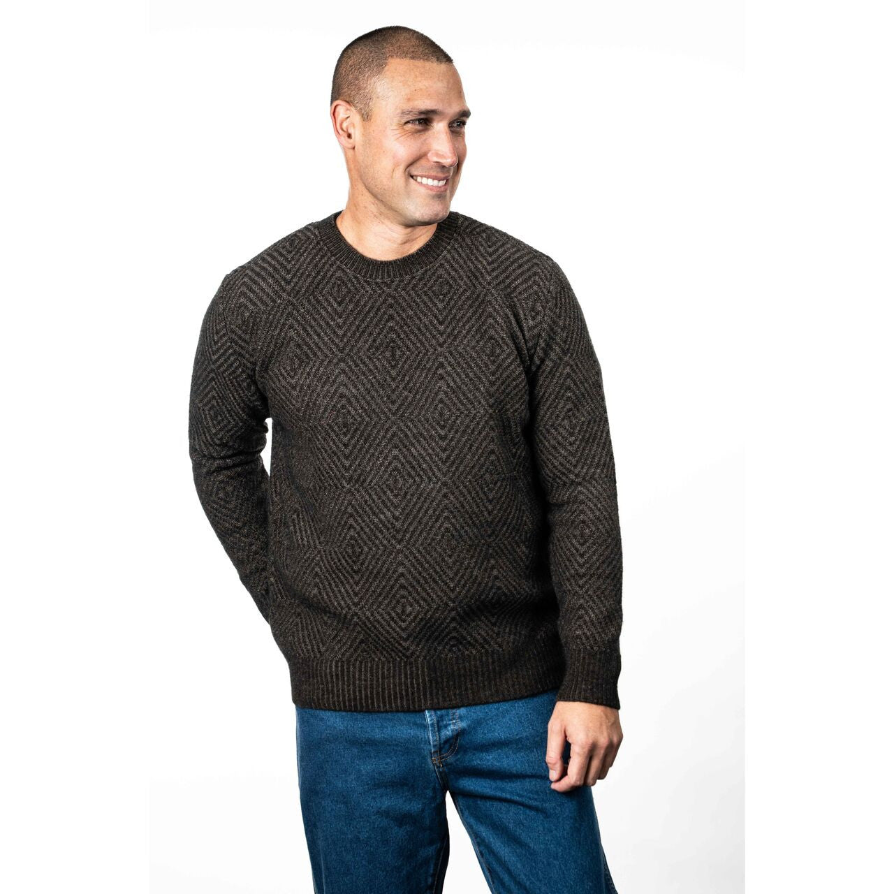 Koru - Merino & Possum Diamond Plated Crew (KO880)Espresso/Suede