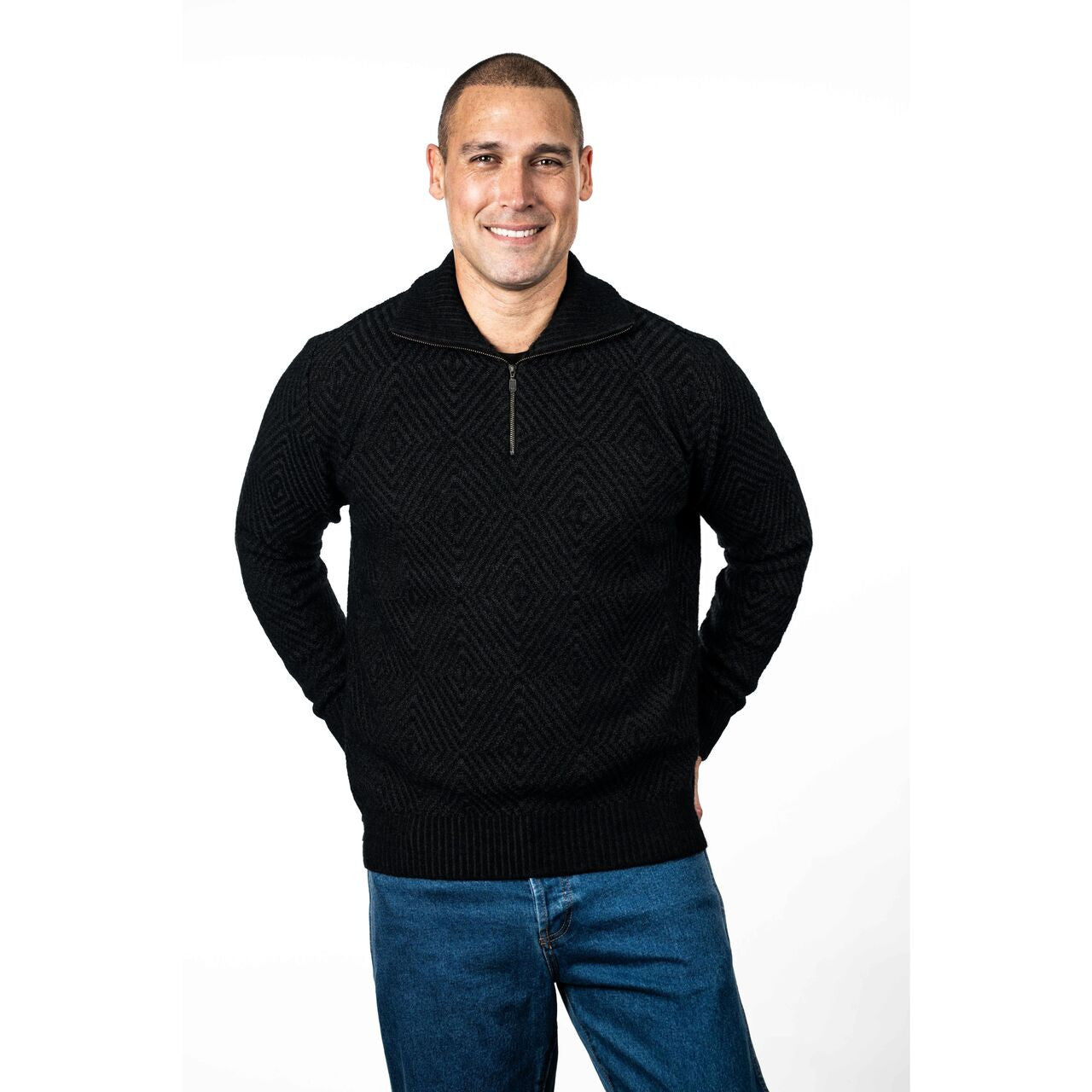 Koru - Merino & Possum Diamond Plated Zip Jumper (KO881)Charcoal/Black