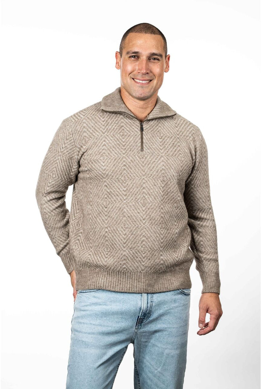 Koru - Merino & Possum Diamond Plated Zip Jumper (KO881)Mocha/Oat