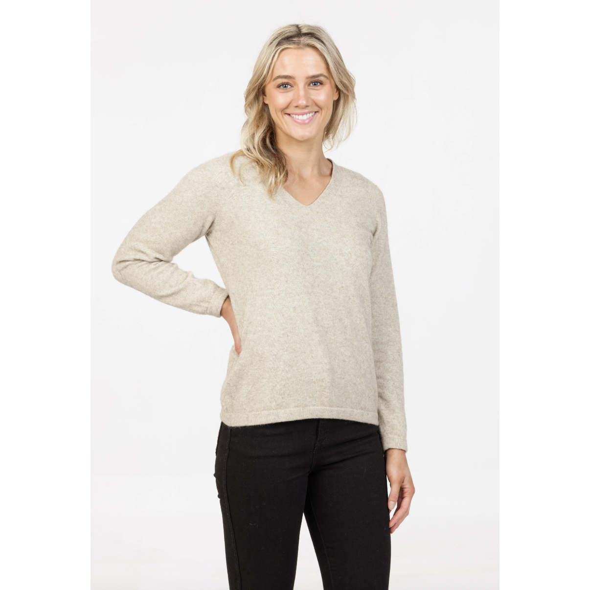 Native World - Merino & Possum Vee Plain Sweater (NB396)Natural
