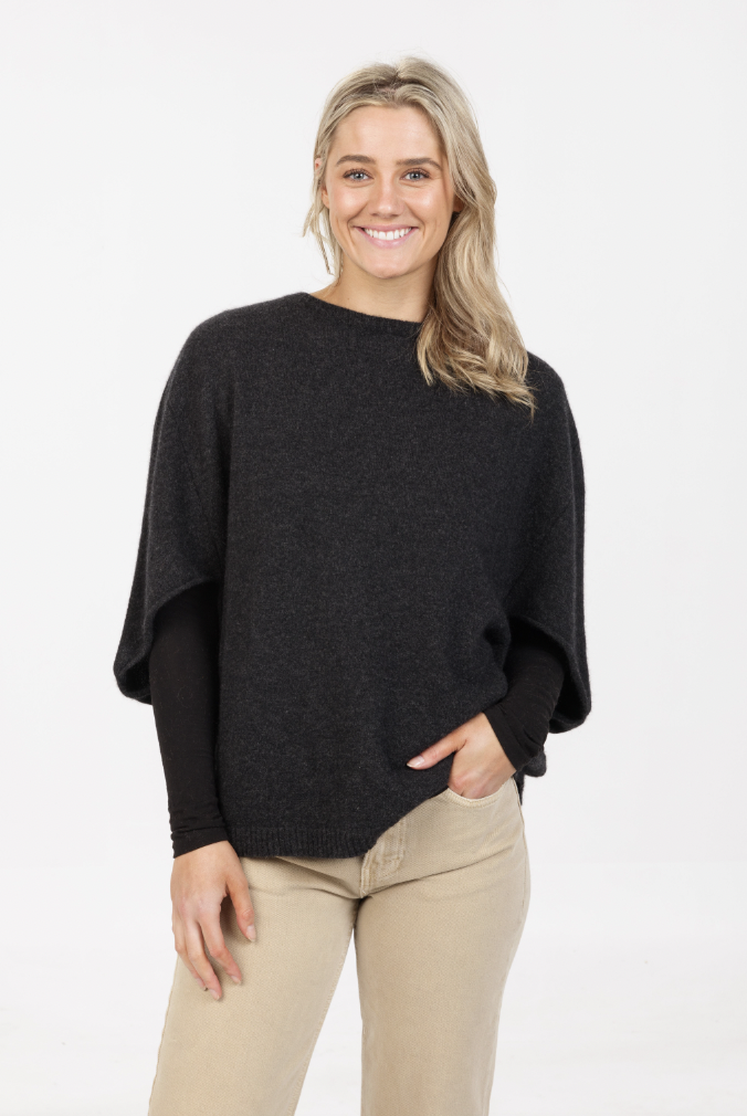 Native World - Merino & Possum Split Sleeve Poncho (NB868)Charcoal