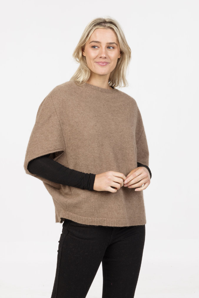 Native World - Merino & Possum Split Sleeve Poncho (NB868)Mink