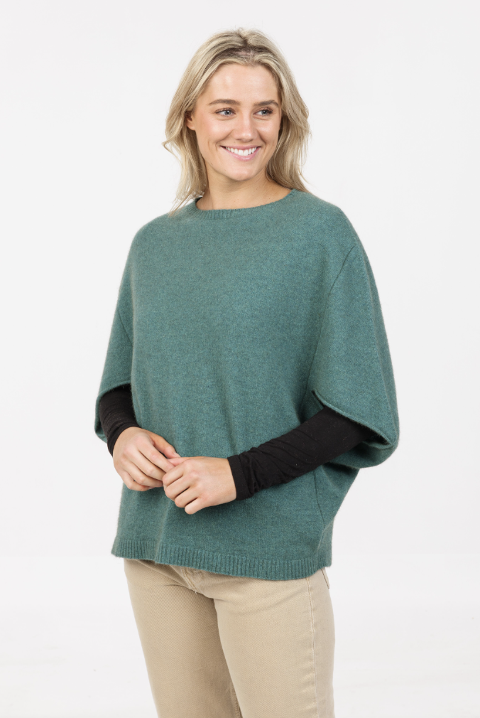 Native World - Merino & Possum Split Sleeve Poncho (NB868)Mist