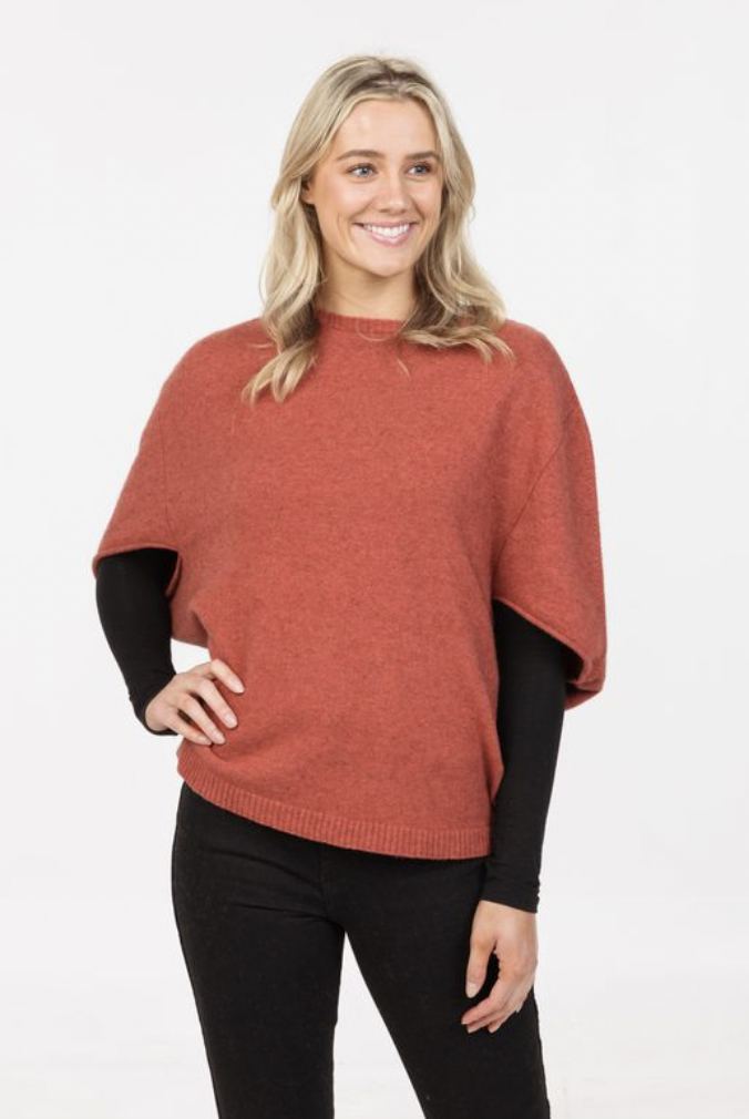 Native World - Merino & Possum Split Sleeve Poncho (NB868)Rosewood
