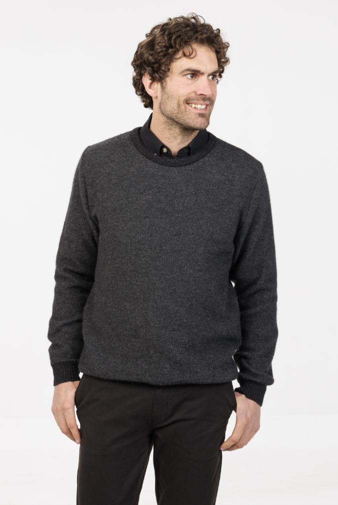 Native World - Merino & Possum Mens Textured Crew (NE428) Charcoal