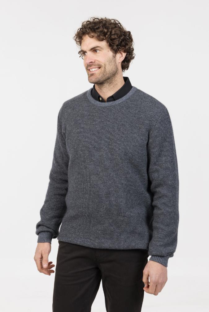 Native World - Merino & Possum Mens Textured Crew (NE428) Sky