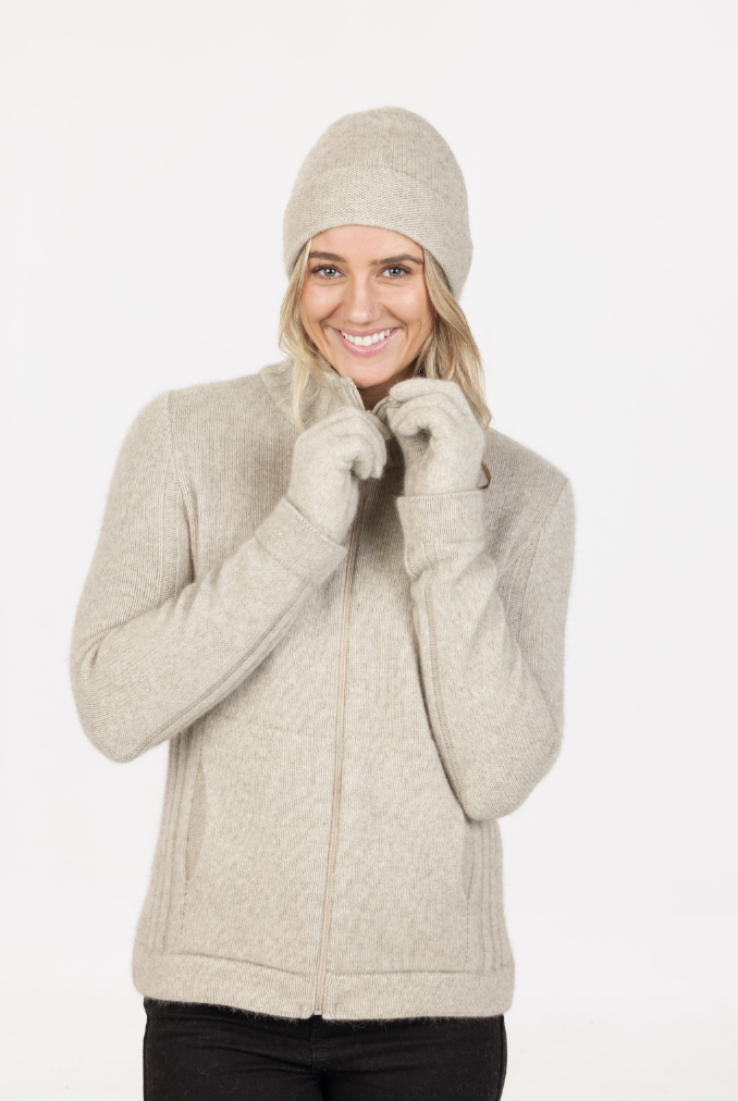 Native World - Merino & Possum Button Essential Full Zip Jacket (NS832)Natural