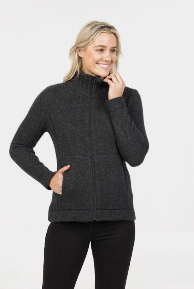 Native World - Merino & Possum Button Essential Full Zip Jacket (NS832)Charcoal