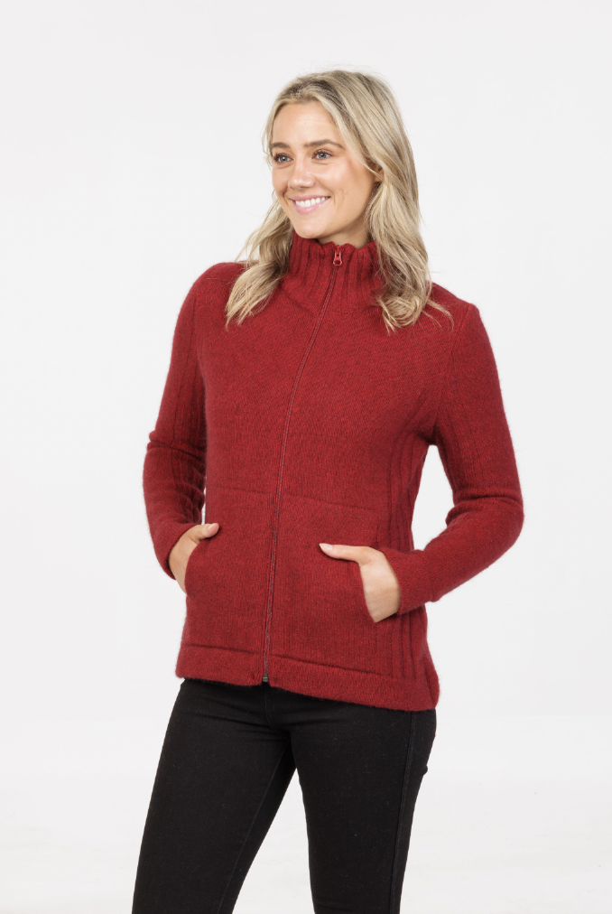 Native World - Merino & Possum Button Essential Full Zip Jacket (NS832)Berry