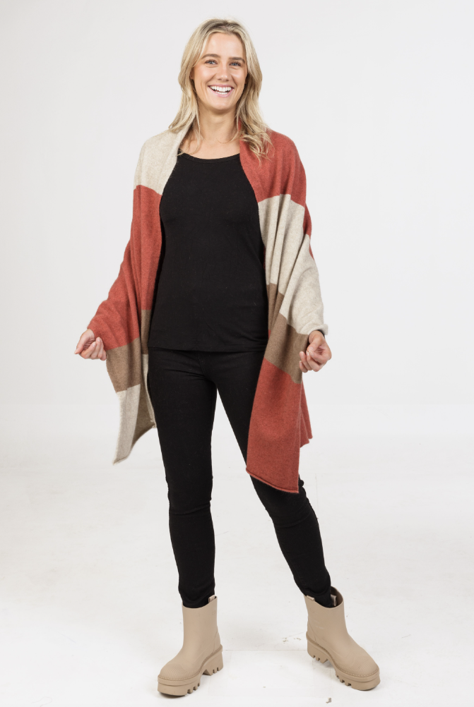 Native World - Merino & Possum Travel Wrap (NE815)Rose Wood Stripe